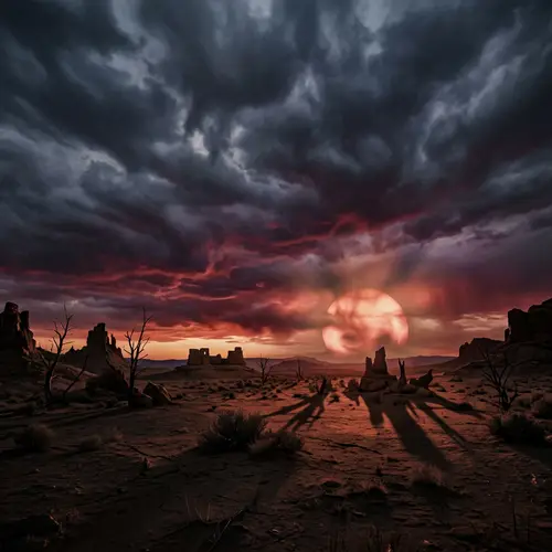 Ghastly Sunset Scene: Eerie Shadows & Ominous Glow