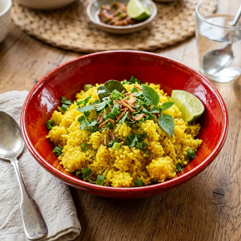 Delicious Java Rice in a Vibrant Red Bowl Delicious Java Rice in a Vibrant Red Bowl