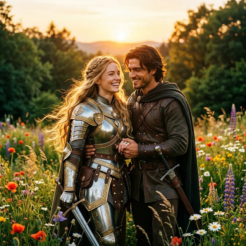 Joyful Warrior Embraces Love in Sunlit Glade