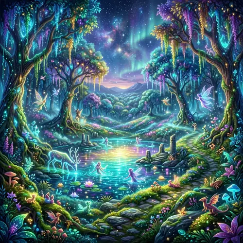 Enchanting Mystical Forest with Glowing Pond | Fantasy Landscape