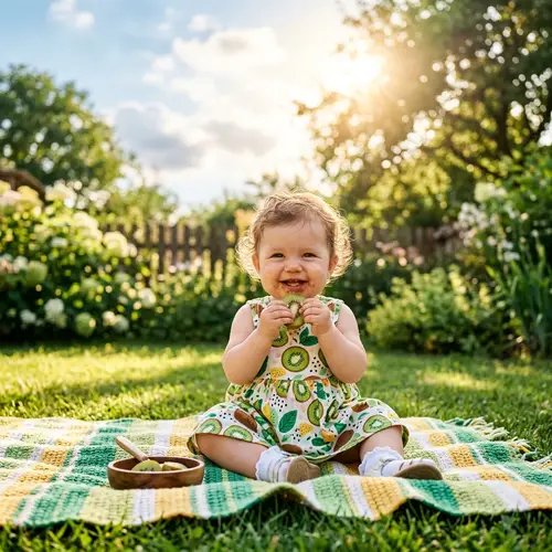 Baby in Kiwi Dress Enjoying a Kiwi Snack