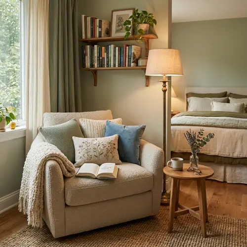 Cozy Reading Nook in Bedroom Design: Plush Armchair & Warm Lighting