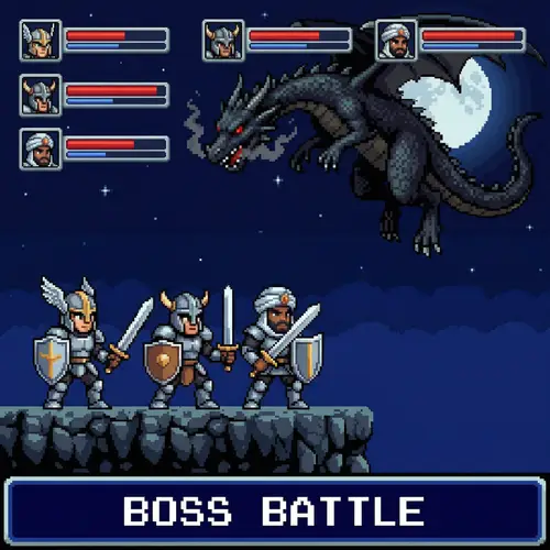 Epic Pixel Art Boss Battle: Three Brave Knights vs Black Dragon