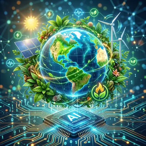 Sustainable Future Powered by AI: Green Globe & Energy Symbols