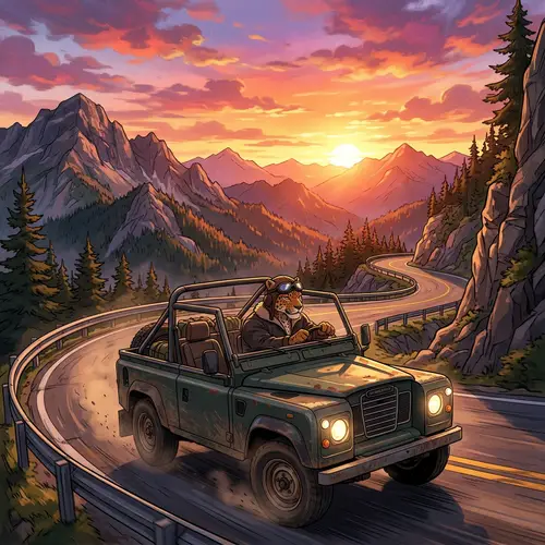 Anime Aesthetic: Jaguar Driving at Sunset