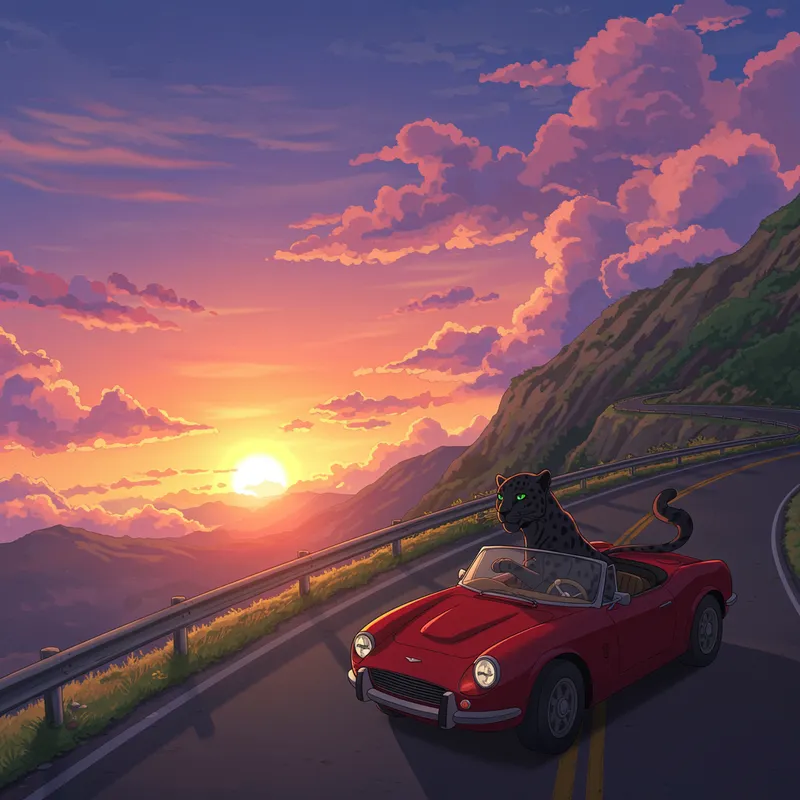 Anime Aesthetic: Jaguar Driving at Sunset Anime Aesthetic: Jaguar Driving at Sunset