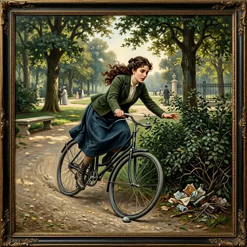 Realism Painting: Short Girl on Bike Accident in Park