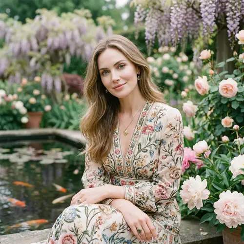 Elegant Woman in High Fashion Dress | Serene Garden Setting