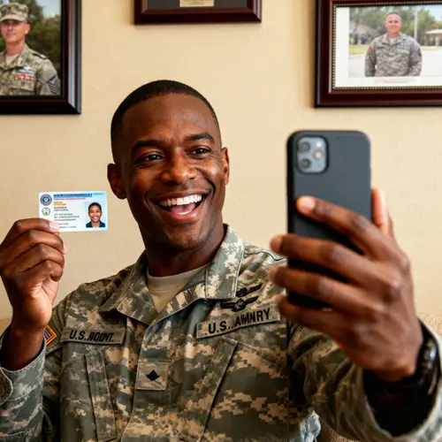 Cheerful Soldier Takes Selfie with ID Card