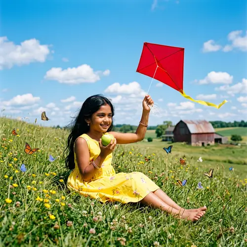 Young South Asian Girl on Hill with Kite and Apple