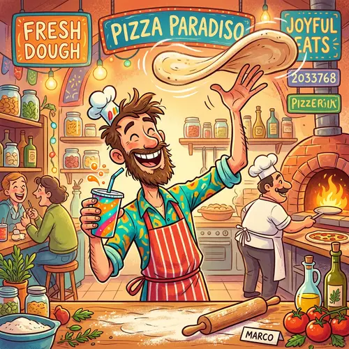 Whimsical Animated Character Tossing Pizza Dough