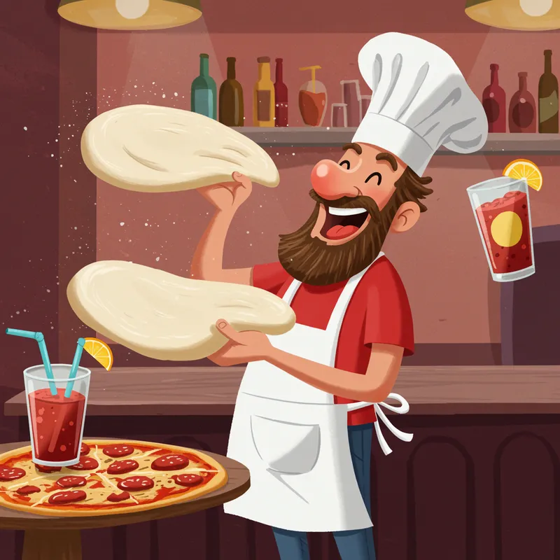 Whimsical Animated Character Tossing Pizza Dough