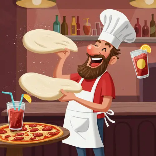 Whimsical Animated Character Tossing Pizza Dough