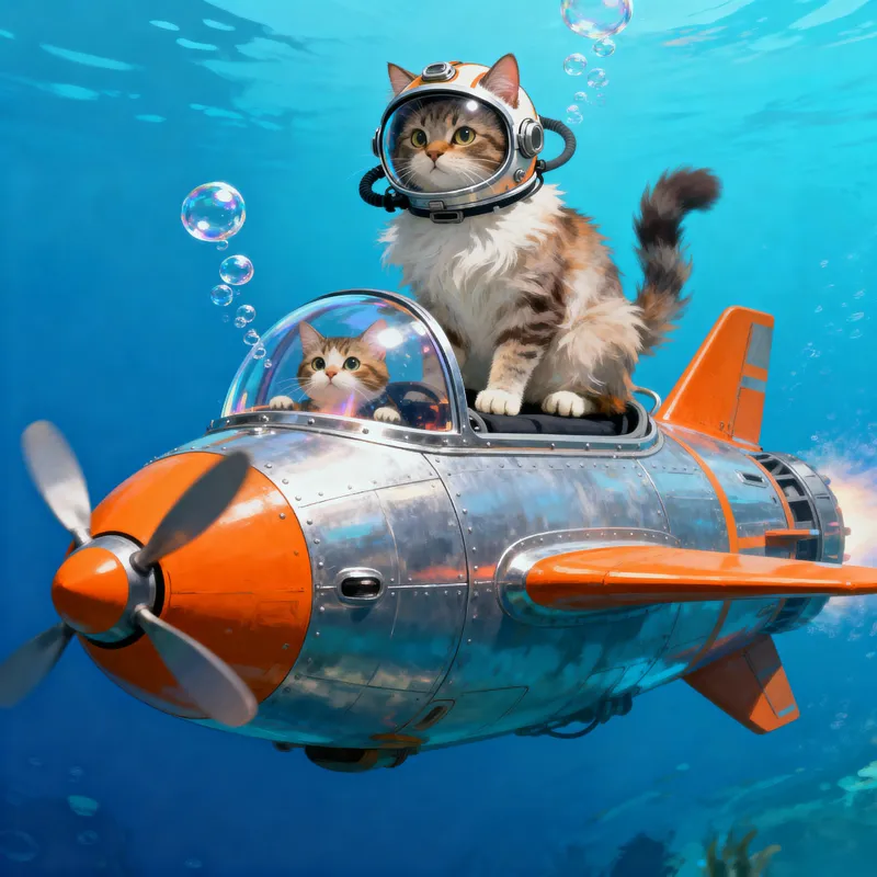 Cat Riding an Underwater Rocket Adventure