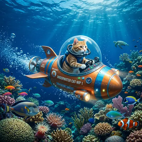 Cat Riding an Underwater Rocket Adventure