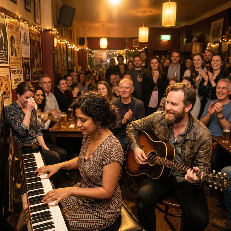 Vibrant Music Scene with Piano and Guitar Performance