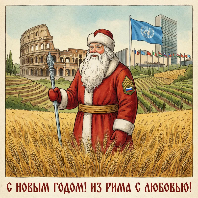Russian Santa in Rome with UN Flag and Wheat Fields