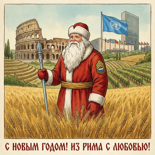 Russian Santa in Rome with UN Flag and Wheat Fields