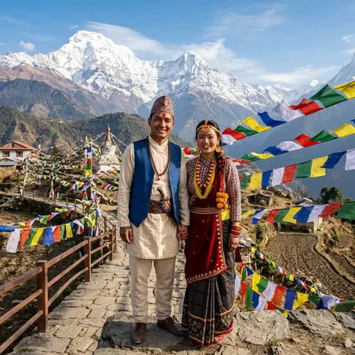 Traditional Nepali Couple in Dhaka Topi and Gunyo Cholo | Himalayan Backdrop