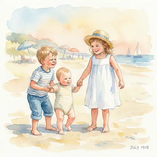 Children Enjoying Beach Day Watercolor Painting