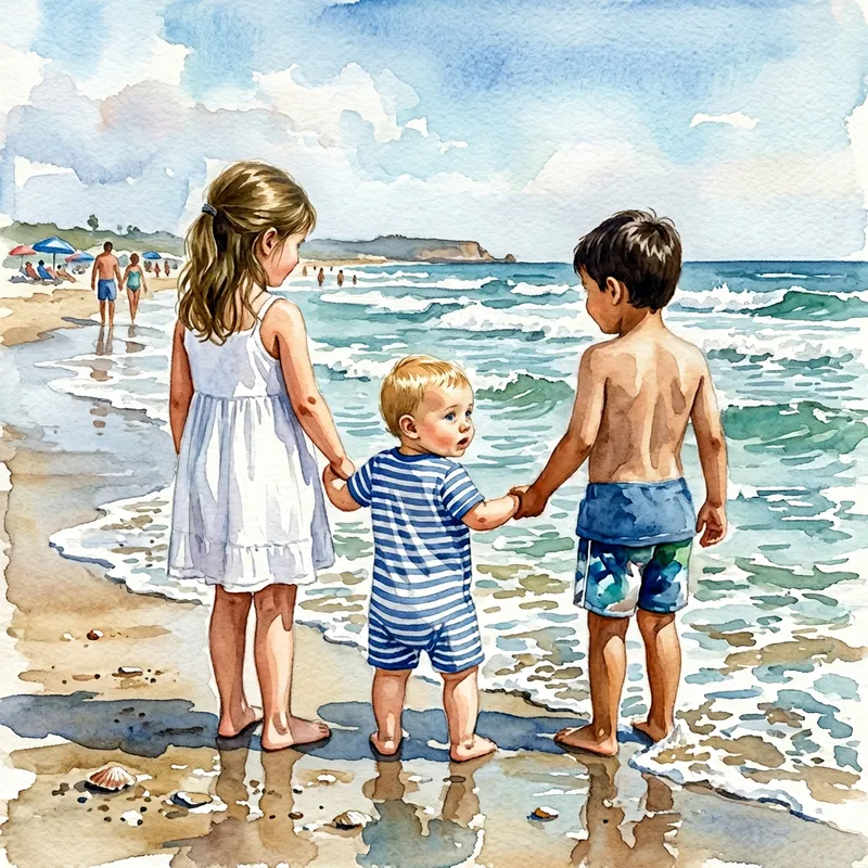 Watercolor Painting of Three Children on Beach - Beautiful Beach Scene Artwork