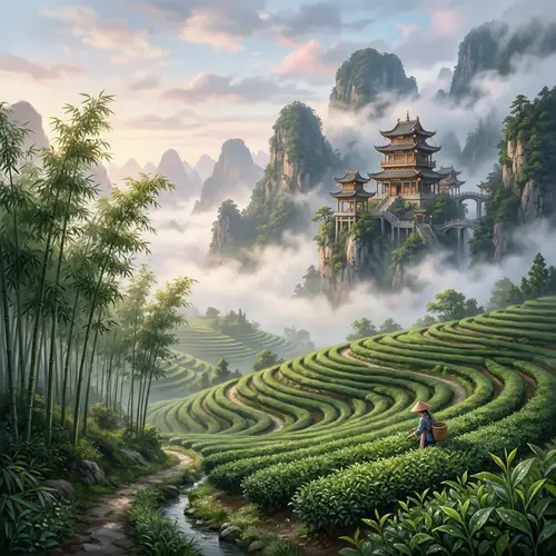 Serene Digital Painting of Guilin Tea Fields