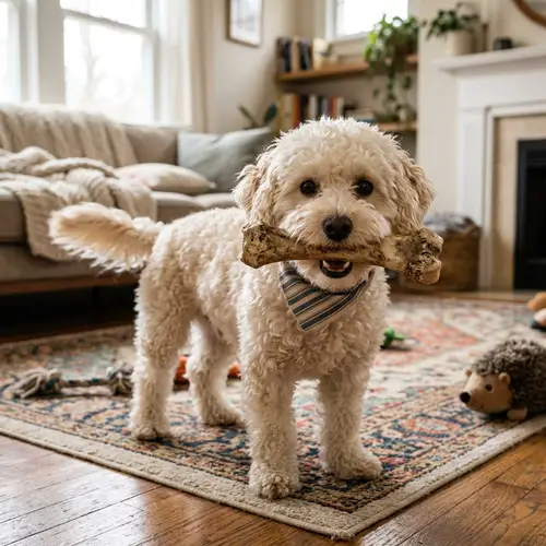 Playful Maltipoo Carrying Cherished Bone | Fluffy & Curly Dog