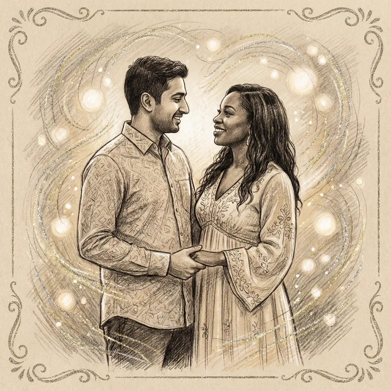 Romantic Couple Gazing Lovingly in Glittery Background Sketch