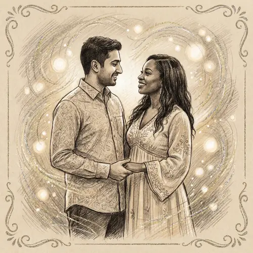 Romantic Sketch of South Asian Man and Black Woman in Dazzling Setting