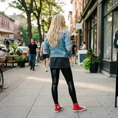 Stylish Young Woman in Latex Leggings & Converse