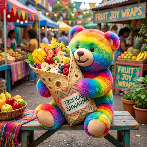 Colorful Rainbow Bear Embracing Shawarma with Tropical Fruits