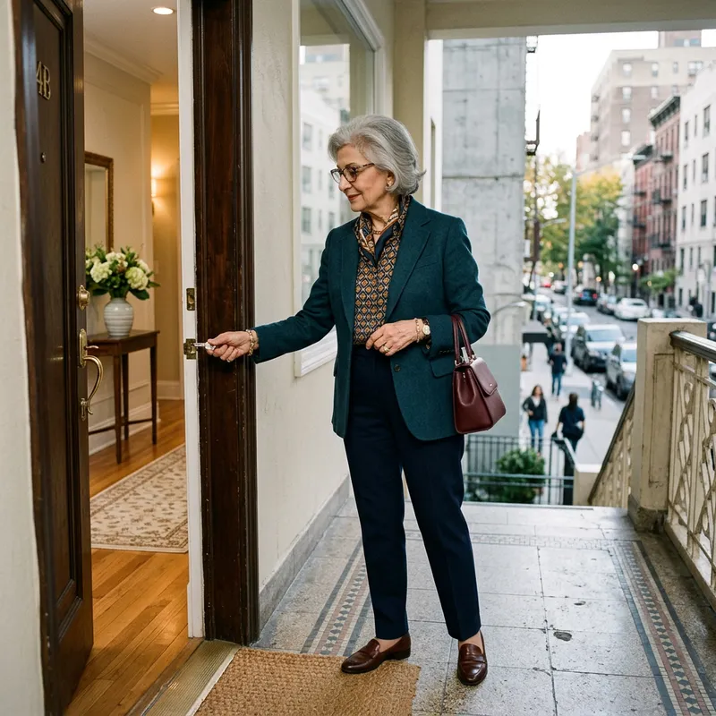 Stylish Elderly Woman Exiting Immaculate Urban Flat