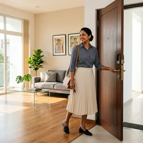Sophisticated South Asian Woman Leaving Immaculate Apartment