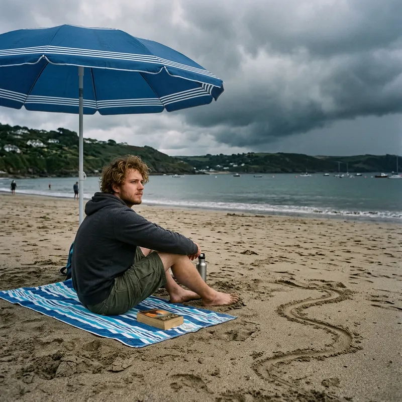 Man Relaxing Under Umbrella at Bay with Snake and Grey Clouds Man Relaxing Under Umbrella at Bay with Snake and Grey Clouds
