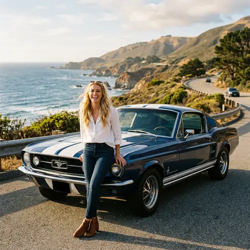 Beautiful Blonde Woman Leaning Against Mustang