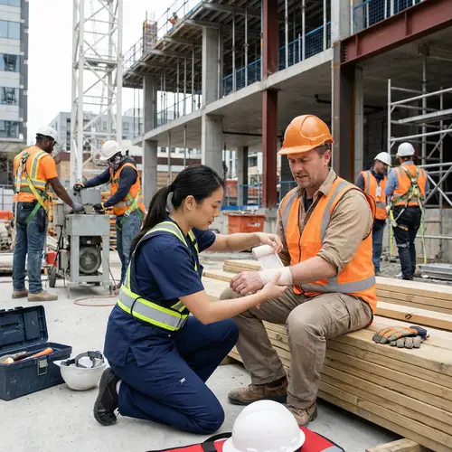 Workplace Injury First Aid: Nurse Helps Construction Worker
