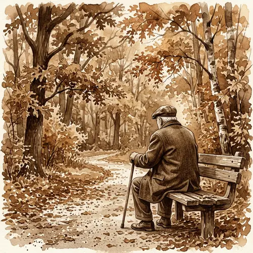 Autumn Scene: Elderly Man in Watercolor Art