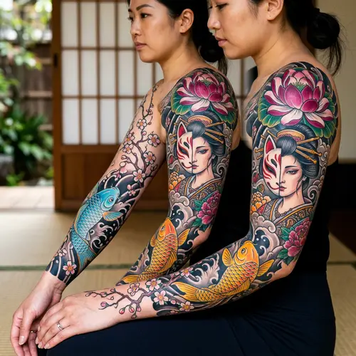 Colorful Full-Arm Sleeve Tattoo Design