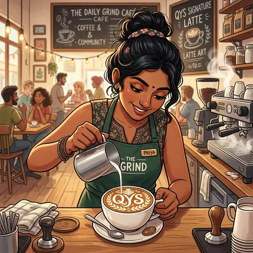 South Asian Female Barista Creating 'QYS' Latte Art