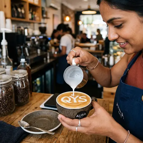 Skilled South Asian Barista Crafting QYS Latte Art | Close-Up Perspective