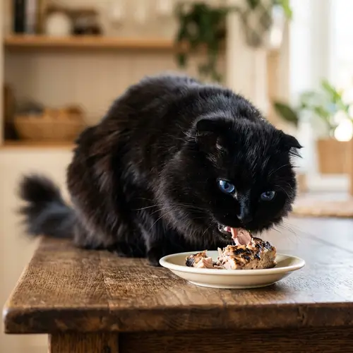 Black Scottish Longhair Cat Eating Grilled Tuna on Wooden Table