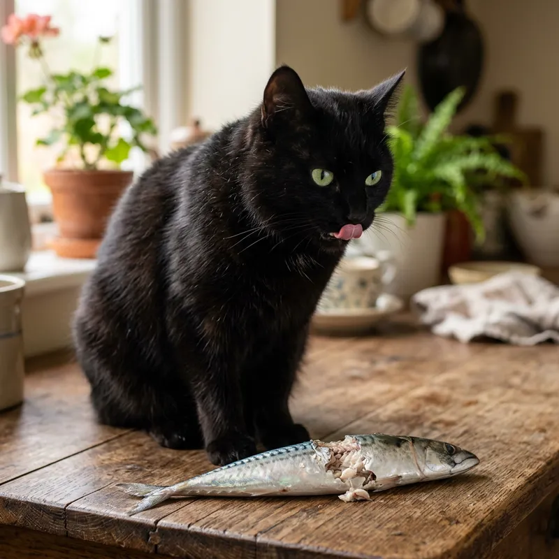Black Cat Eating Fish on Table