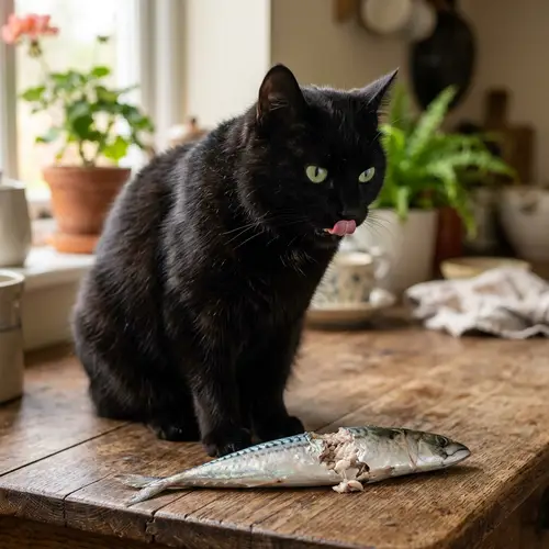 Black Domestic Cat Enjoying Fish Meal on Wooden Table