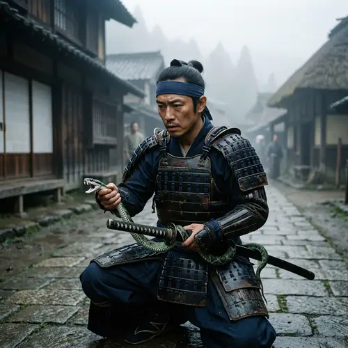 Daring Samurai Confronts Serpent in Ancient Japan