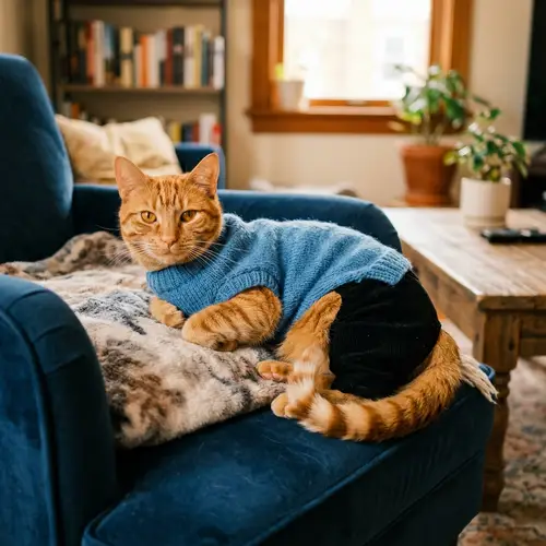 Stylish Orange Cat in Celeste Sweater & Black Pants