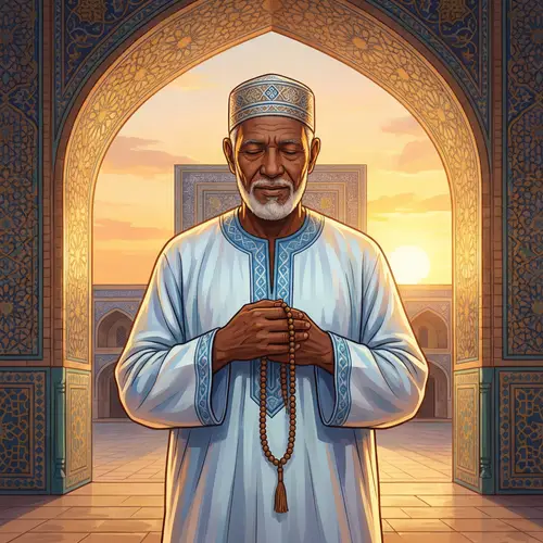 Tranquil Muslim Figure in Traditional Attire Praying at Ornate Mosque