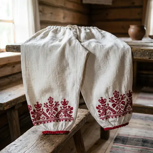 Traditional Russian Sharovary: White Linen Wide-Leg Trousers