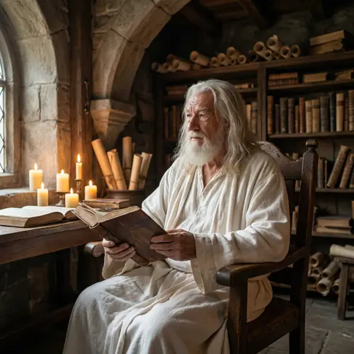 Old Sage in White Robe | Peaceful Library Scene