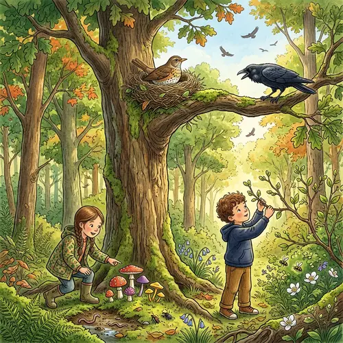 Enchanting Forest Scene: Beauty of Nature and Children's Curiosity