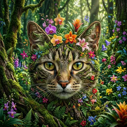 Exotic Flowers & Cat Head in Vibrant Forest